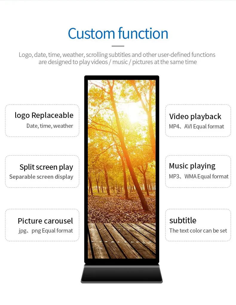 75" 4K Android Full screen floor standing digital signage kiosk with 3840x1440 LCD edge less display for shopping mall