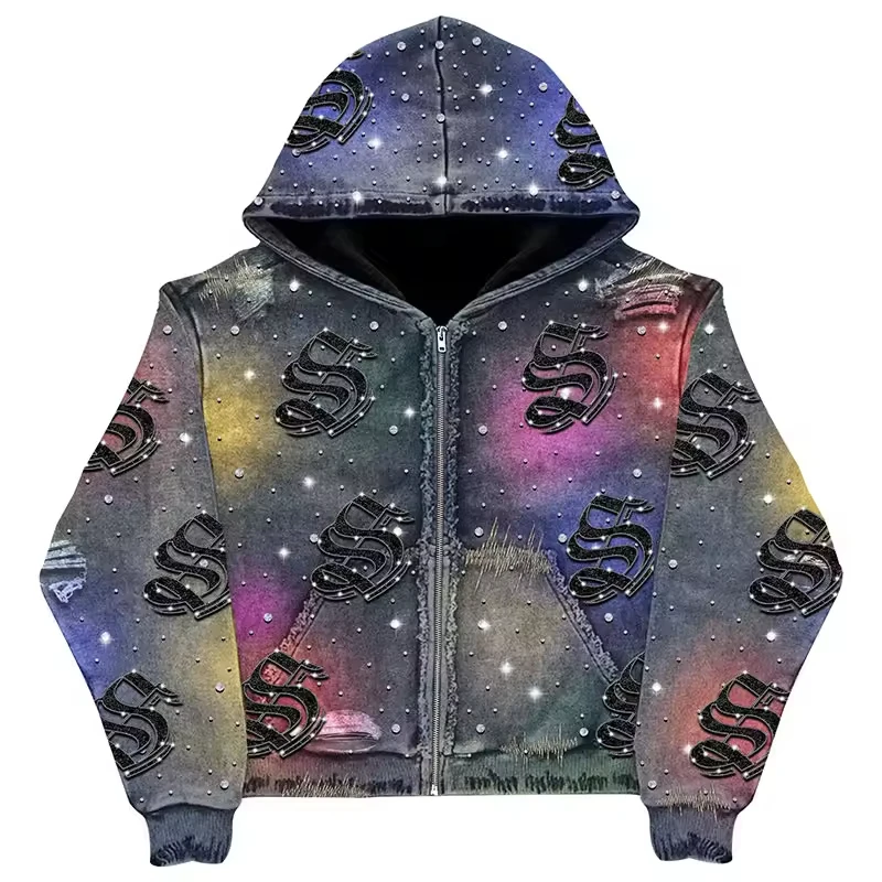 Custom Vintage Washed Sun Faded Hoodie for Men Factory OEM Oversized Heavyweight 100% Cotton Zipper Jacket Rhinestone Hoodies gallery 3