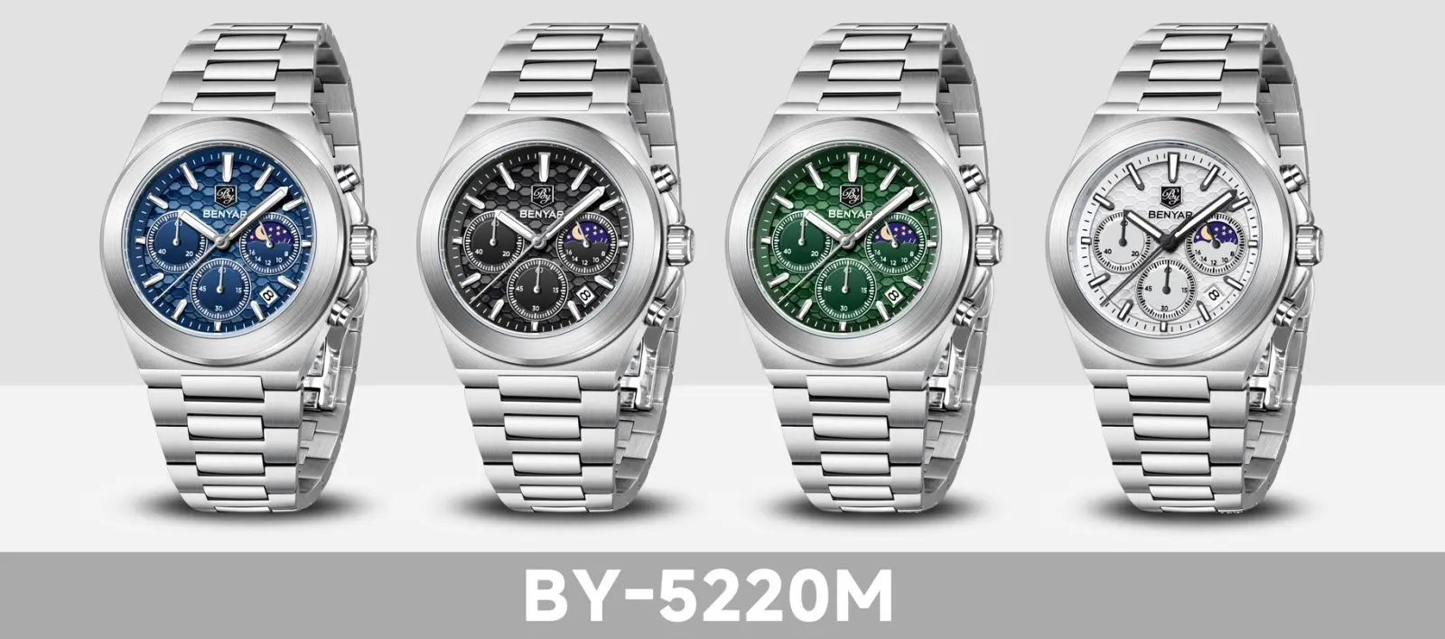 BENYAR 5220 Classic Business Watch Quartz Stainless Steel Waterproof Watch Multi Functional Moon Phase Dial Watches for Man