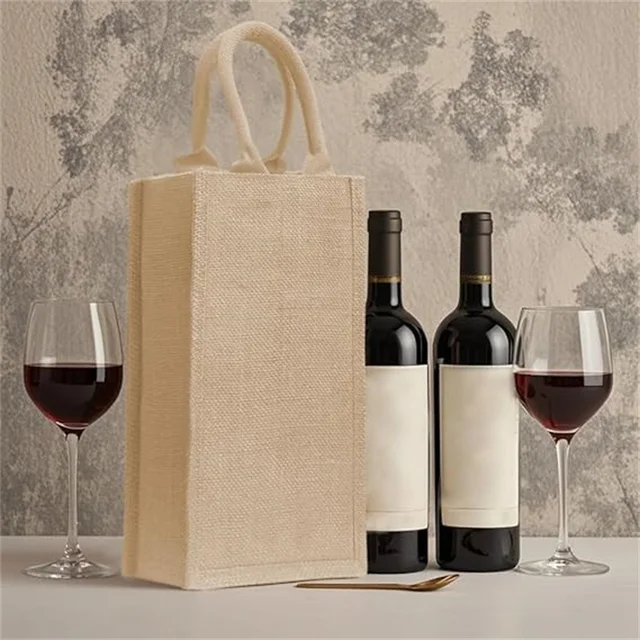 Accept Custom Order Burlap Jute Wine Bottle Bag,Wine Bottle Bag with Soft Cotton Handles Packaging Wine Bag for Wedding