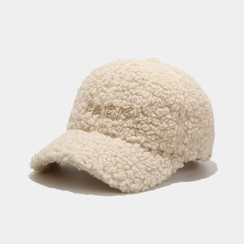 Winter Warm Sherpa Baseball Cap Paris Embroidery Plush Hat Snapback Cap