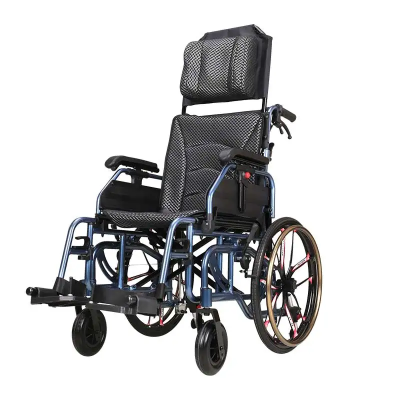 18KG Aluminum Anti-Bedsore Reclining Wheelchair WIth Auxiliary Gas Spring Headrest Manual Wheelchair