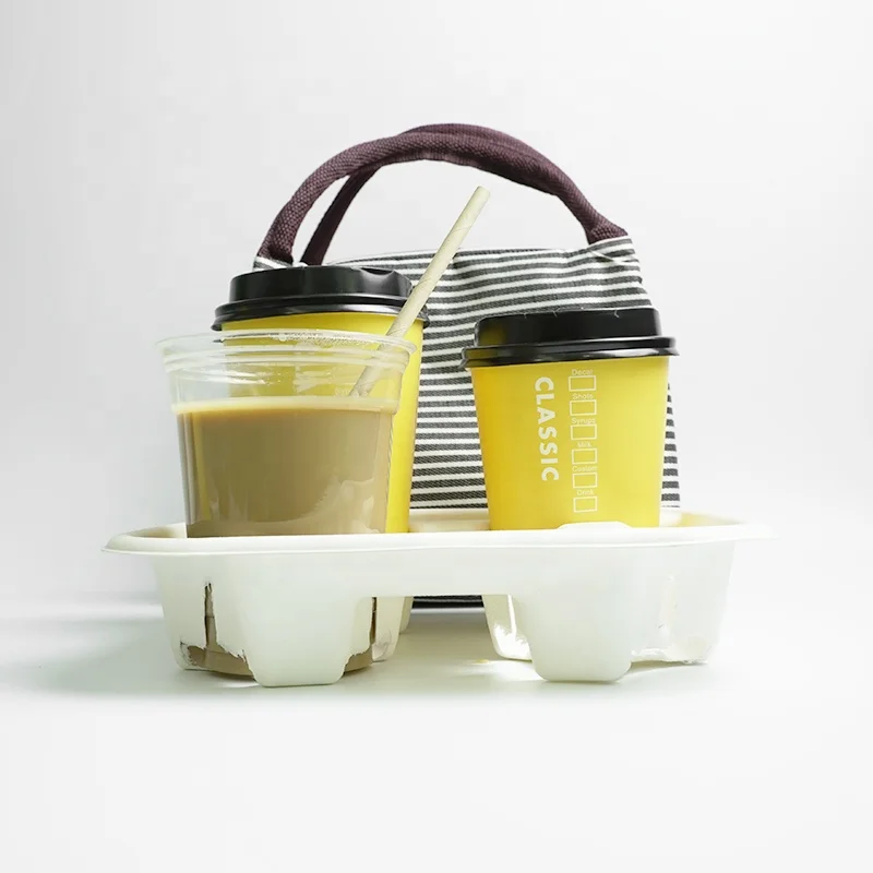 4 Compartments Eco-friendly Biodegradable Takeaway Disposable Drink Sugarcane Pulp Paper Cold Coffee Cup Tray