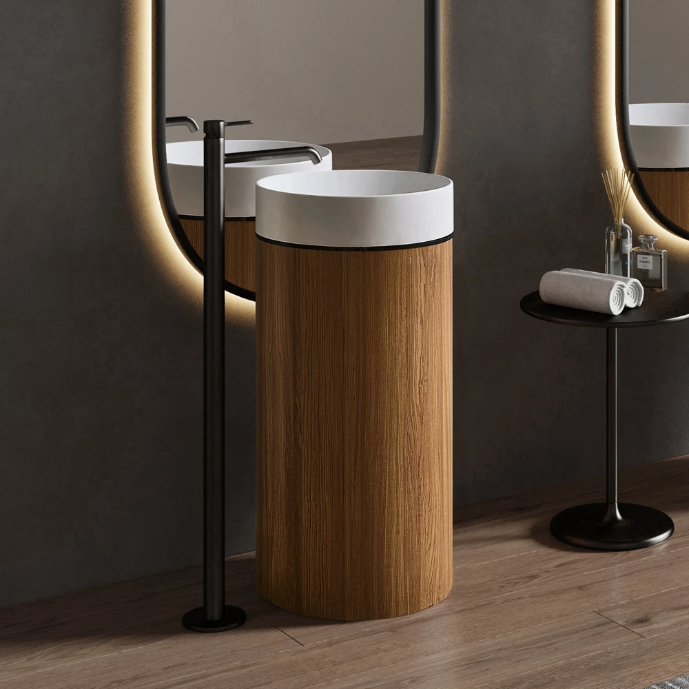 Bathroom Wood Grain Stainless Steel Round Pedestal Sink Artificial Stone European Style Freestanding Pedestal Wash Basin