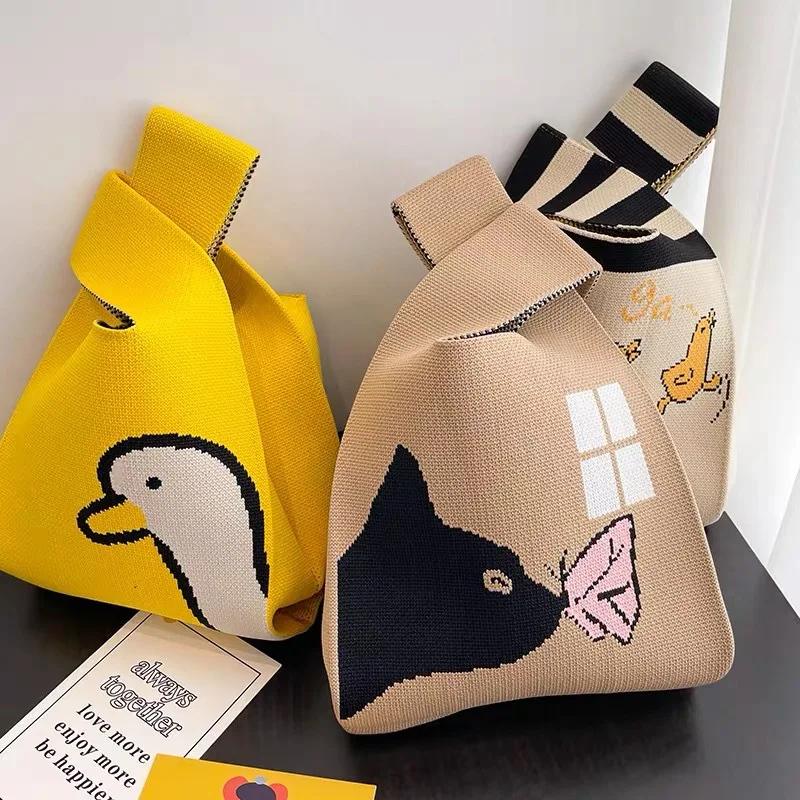 Custom Hand Knitting Bag Flower Pattern Cute Animal Cat Dog Duck Monster  Back Crochet Purses and Tote Handbags for Women