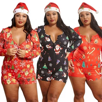 One Piece Sleepwear Customize Jumpsuit Sexy Romper Shorts Nightwear Women Christmas Plus Size Onesie Pajamas