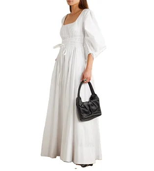 Lady white dress stretch-cotton poplin maxi dress half puffer sleeve women loose casual dress