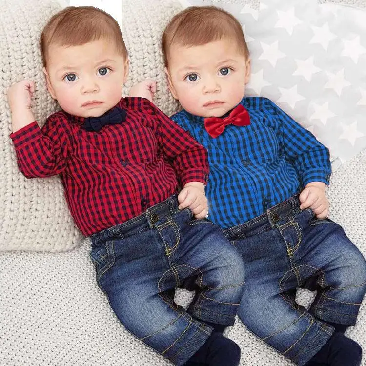 2Pcs Newborn Kids Baby Boy Plaid Romper Tops Pants Clothes Gentleman Outfits 