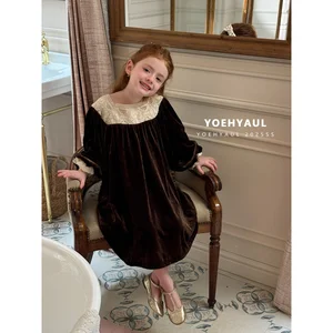 YOEHYAUL 25173 Children's Embroidered Square Neck Velvet Dress Girls Lace Stitching Black Loose Long Sleeve Dress for Kids