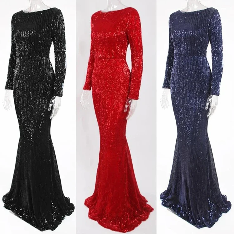 Custom Women's Evening Party Dress Sequined Decoration Oneck Gowns