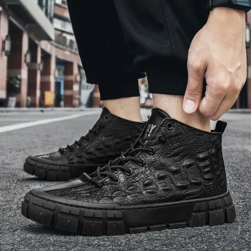 Осенние ботинки до середины топа с крокодиловым узором, мужская обувь, модная повседневная спортивная обувь, прямые продажи с завода