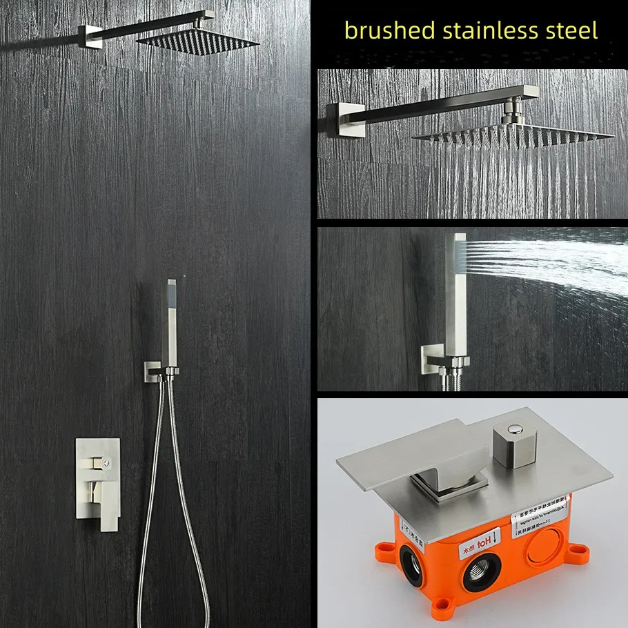 Smart Control Concealed Built-in 2-way Rainfall Shower Set Shower Head Square Stainless Steel with Hand Shower 12" Modern CN;GUA