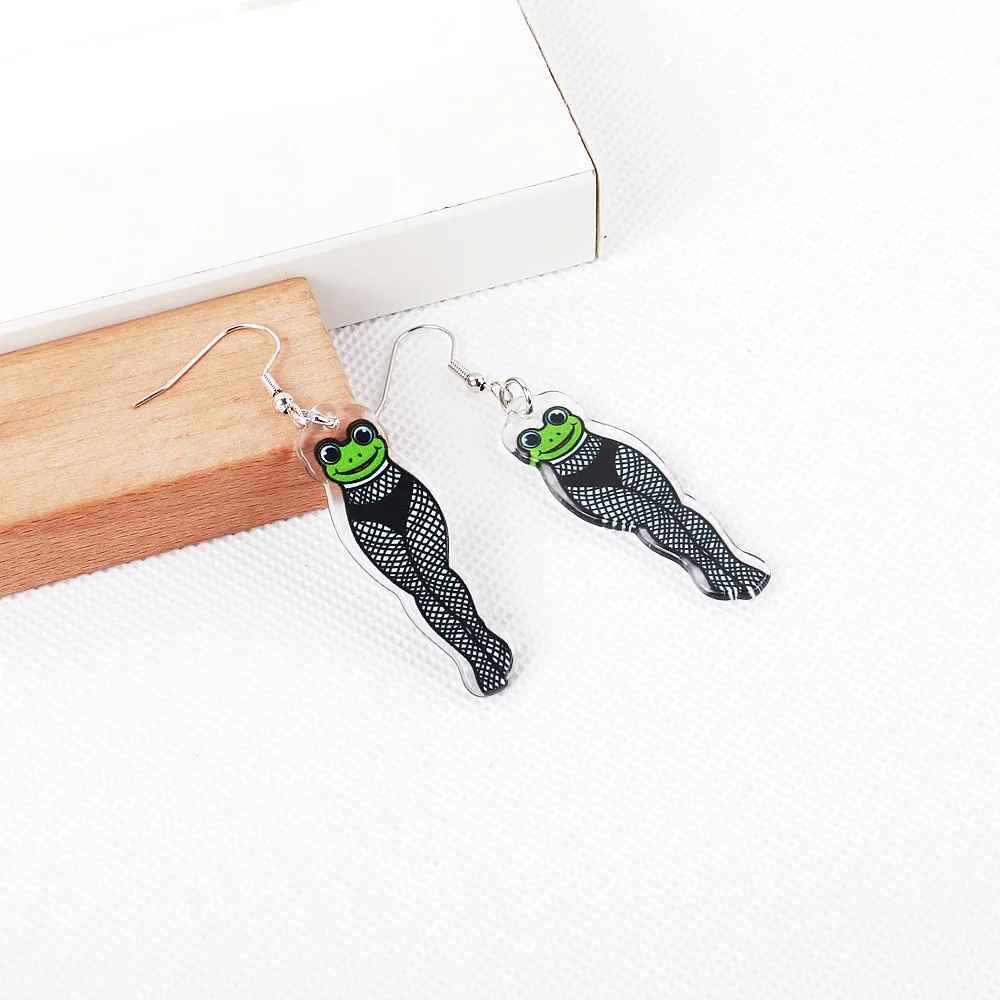 Creative Spoof Fun Frog Black Fishnet Stockings Earrings