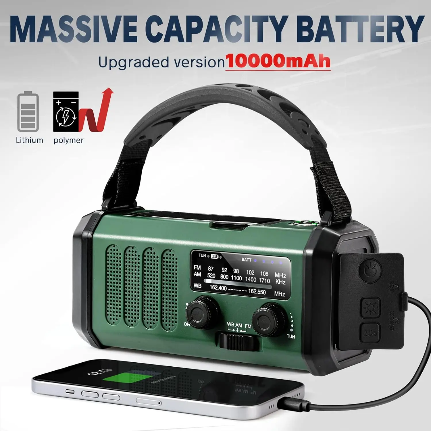 10000mAh Portable Solar Power Bank and LED Flashlight Polymer Battery Hand Crank AM/FM/NOAA Weather Bands Radio factory