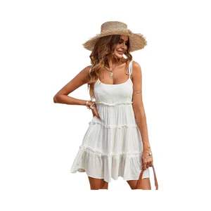 Women's Summer Strapless Spaghetti Neckline Solid Pattern Flowy Boho Style Wedding Guest Dresses Casual Beach Sundresses Natural