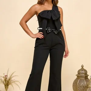 Elegant Women's Black Holiday Office Jumpsuit Asymmetrical Collar Belt Zipper Off-Shoulder Bow Embellishments Flared Legs High