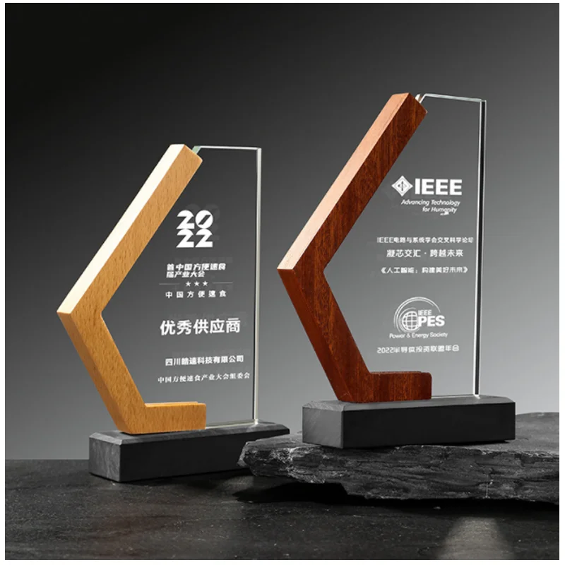 Shining Crystal Craft Custom Design Business K9 Crystal Glass Trophy Wood Award for Employee Recognition With Gift Box