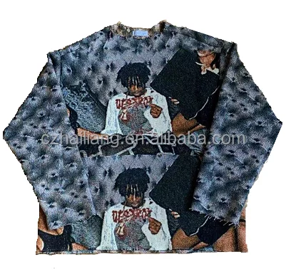 Fashion Hiphop Streetwear Pull size pullover Custom Tapestry Sweater men Hand Sewn Jacquard woven Tapestry Hoodie