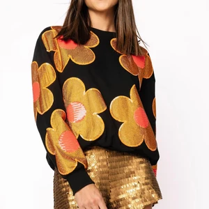 LYG Wholesale Custom New Design Golden Large Flower Sequin Pattern Embroidery  Sweatshirt Crewneck Cotton Fashion Sweatshirt