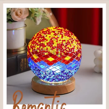 China New Turkish Mosaic Lamp USB Plug-in Remote Control Timing Dimming LED Wooden Base Colored Glass Table Lamp Mediterranean