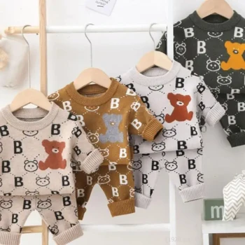0-2Yrs babys autumn cotton knit bear suit  infants toddlers boys sweater pants two-piece set with good quality