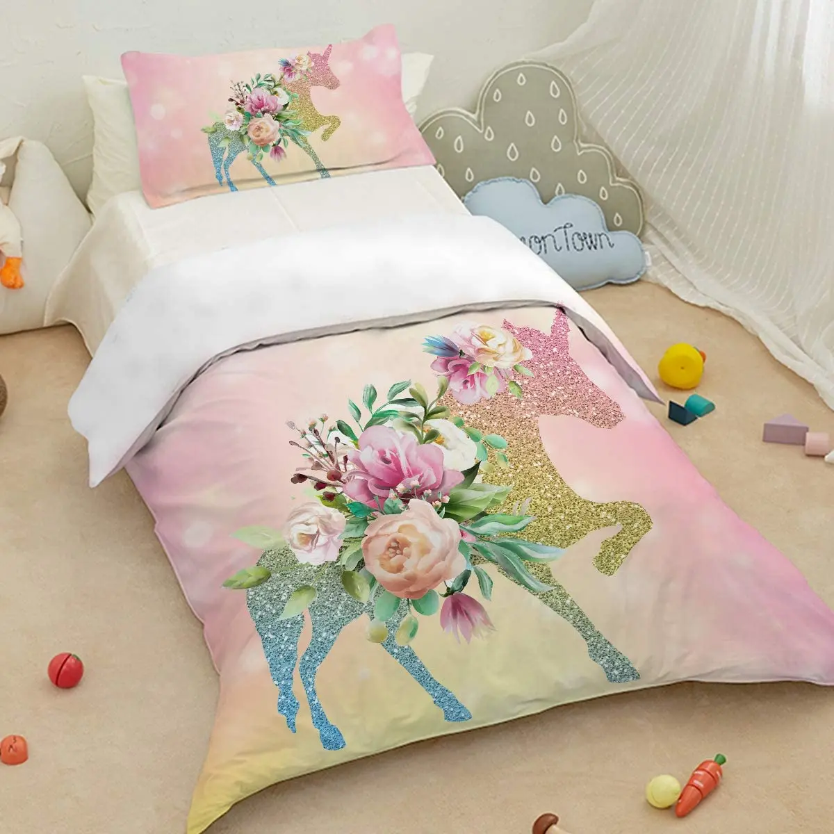 Cheap Custom Design unicorn Bedsheet Set 3d Print Cartoon Kids Duvet Covers Sets