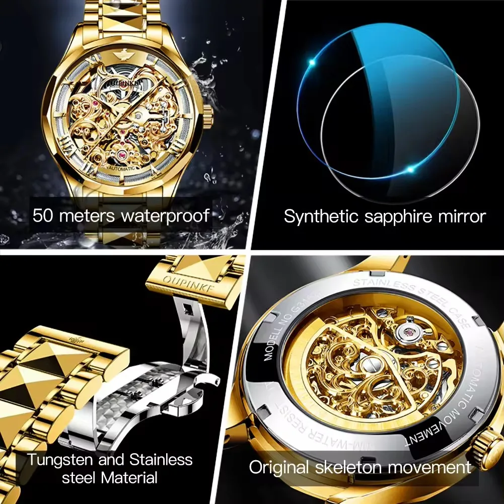 OUPINKE Orologio Da Uomo Automatico Scheletro - Lusso Con Cristallo Zaffiro, Acciaio Al Tungsteno, Impermeabile, Regalo - 2