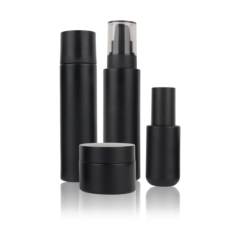 Luxury cosmetic packaging set 50g 40ml 100ml 120ml matte black round cosmetic glass bottle pump lotion bottles details