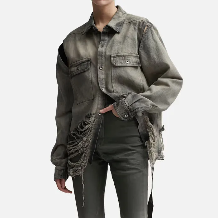 Hip Hop Men's Distressed Washed Denim Shirt with Ripple Holes