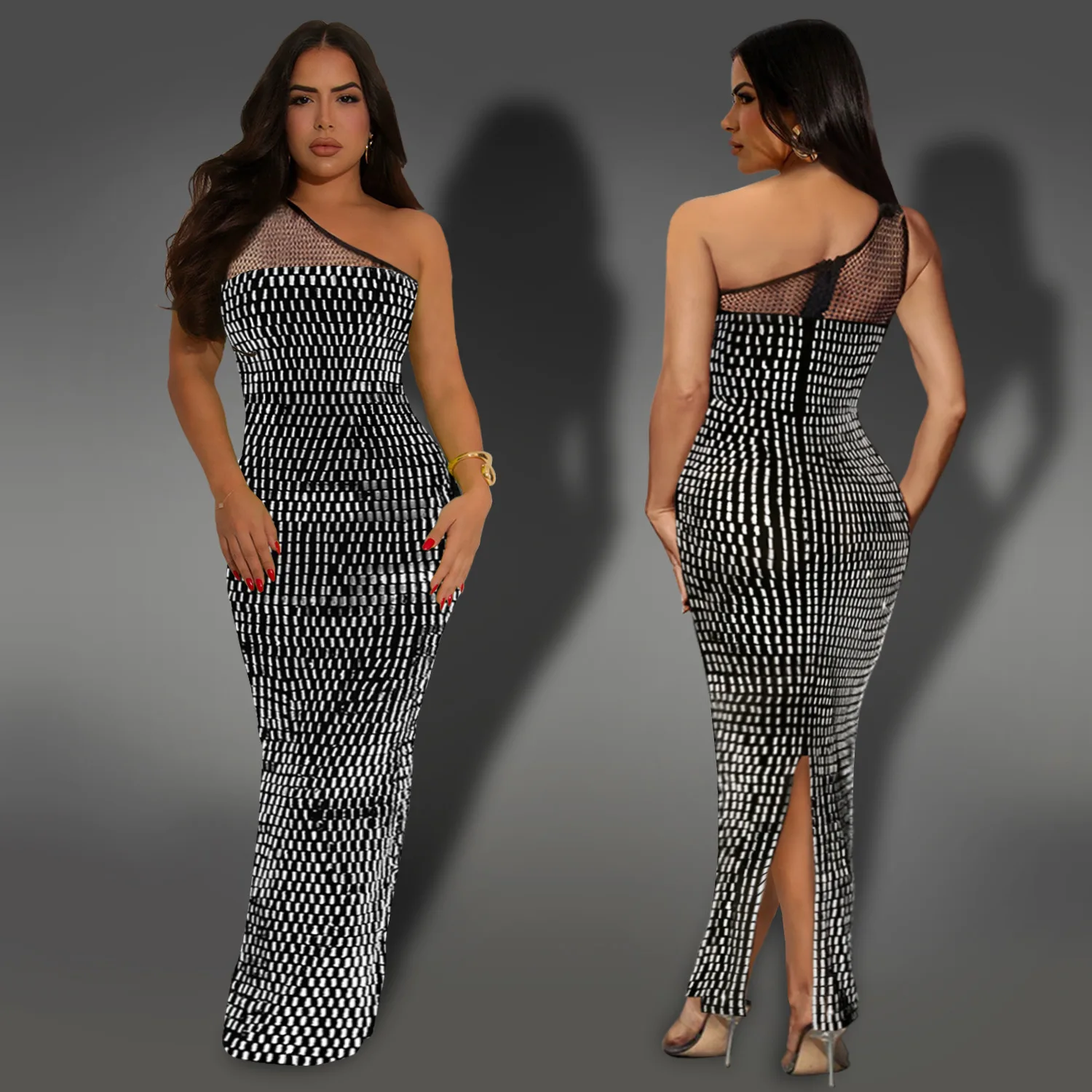 CX7422 Women's Clothing One Shoulder Birthday Mesh Club Party Dress Sexy  Ladies Maxi Dresses