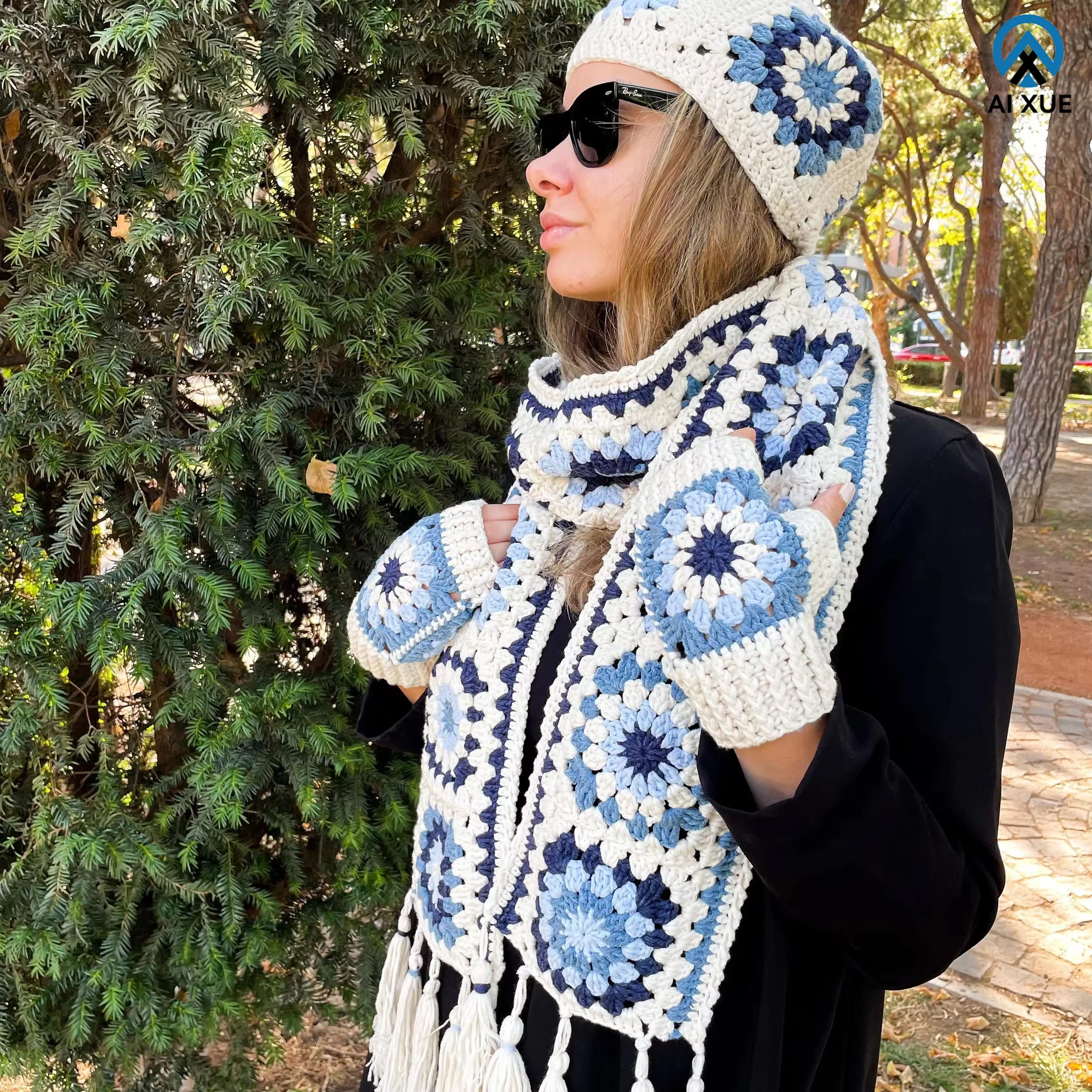 Милый и стильный Зимний винтажный афганский комплект из двух предметов с ручным крючком акриловая вязаная шапка шарф индивидуальным принтом логотипа