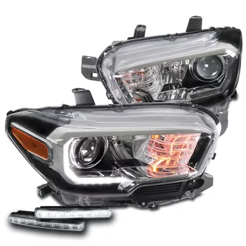Chrome Housing Amber Corner Projector Headlights Assembly Lamps Compatible For 2016-2023 Toyota Tacoma SR/SR5 LED Strip Chrome