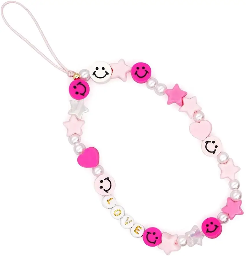 Beaded Phone Lanyard Wrist Strap Smiley Face Handmade Colorful Acrylic Beads Pearl Phone Charm Strap for Women Girls