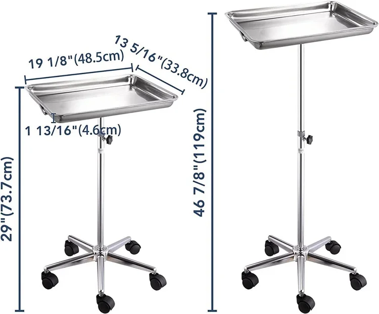 Top Selling Adjustable Mayo Stainless Steel Tray Stand Mobile Trolley Medical Salon Equipment Tattoo 45lb Capacity ISO9001 CE