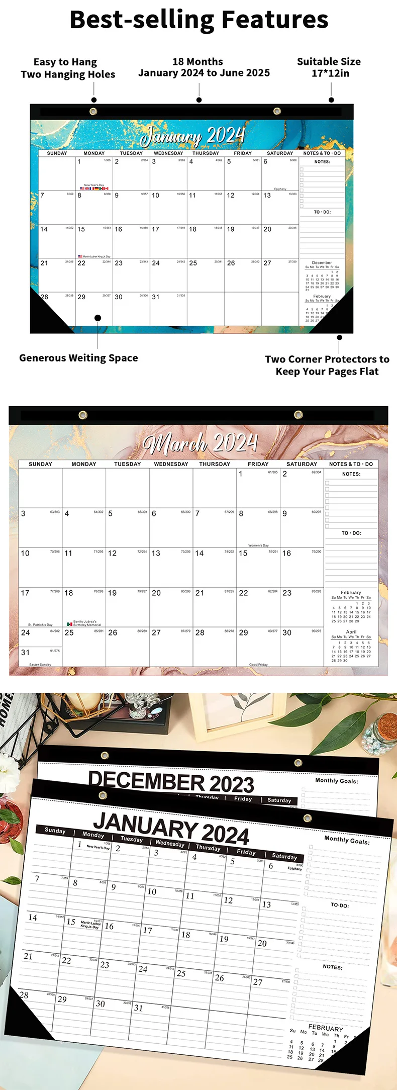 Hot Sale 2024-2025 Wall mounted calendar Desktop calendar 18 months English calendar factory