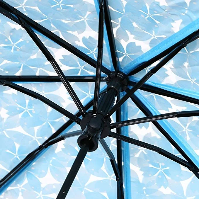 High Quality 3 Fold Transparent clear Folding Umbrella with Sakura Cherry Flower Printing on the Top