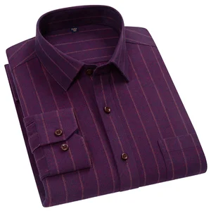 Business Casual Young Men's Long-Sleeved Shirt-New Spring and Autumn Pure Cotton Wool Plaid Striped Breathable Twill Fabric