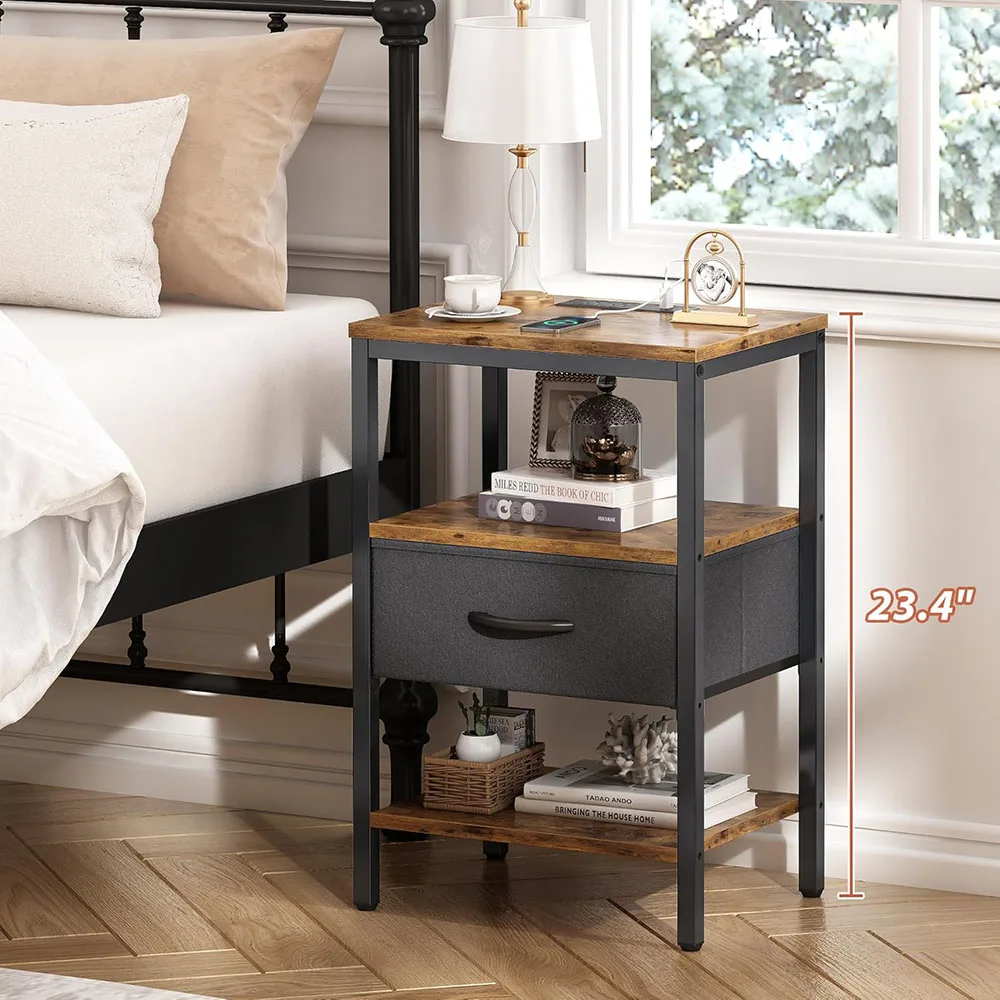 Modern 3-Tier Storage End Table Adjustable Fabric Drawer Nightstand Charging Station for Bedroom Home Use manufacture