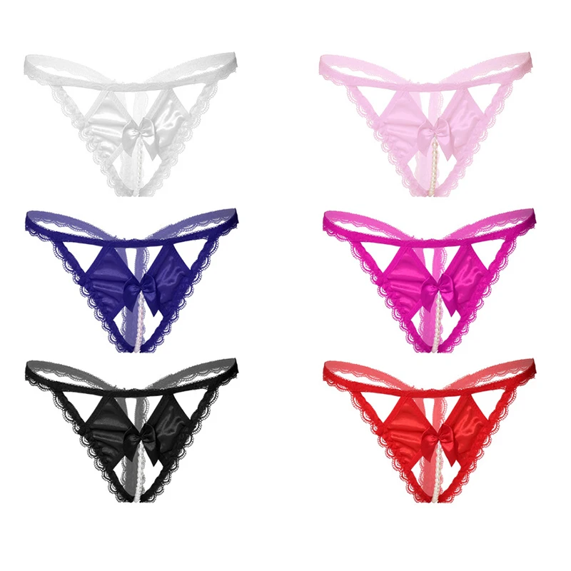 Women Girls Bow Lace Ruffle Crotchless T Back G String Thong Bead Pearl ...