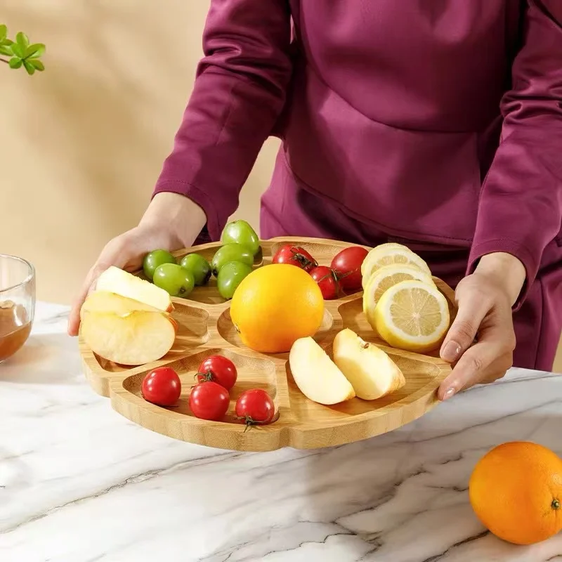 回転花型竹サービングトレイ-6-花びらスナックプレートセンターボウル