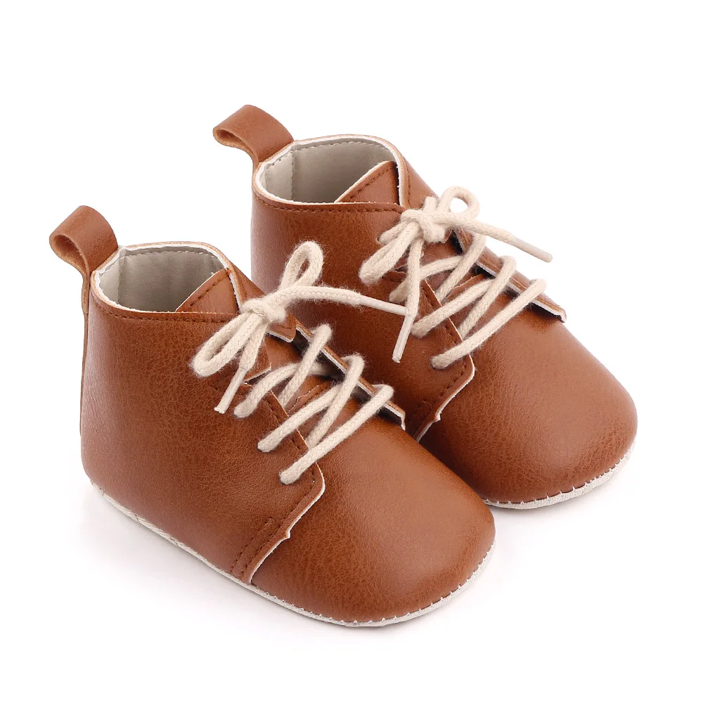 Spring and Autumn Baby Girls PU Leather British Style Front Lace-up Solid Color Infants Walking Shoes manufacture