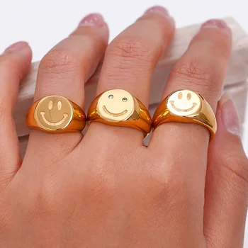 Trendy 18K Gold Plated Smile Mood Ring Non Tarnish Stainless Steel Signet Rings Jewelry Women