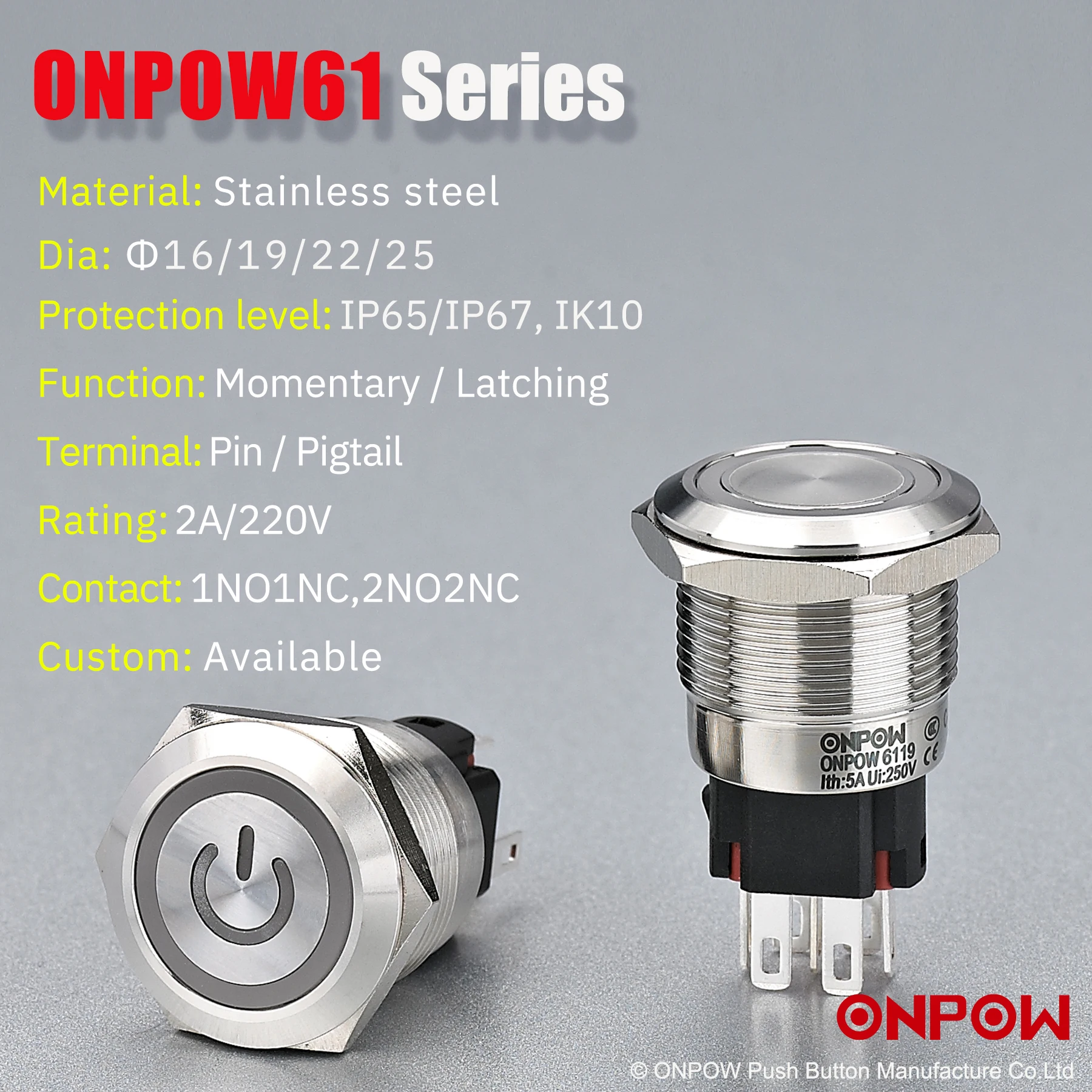Push Button Switch Factory 12mm 16mm 19mm 22mm Metal Momentary Push Button Switches with Light