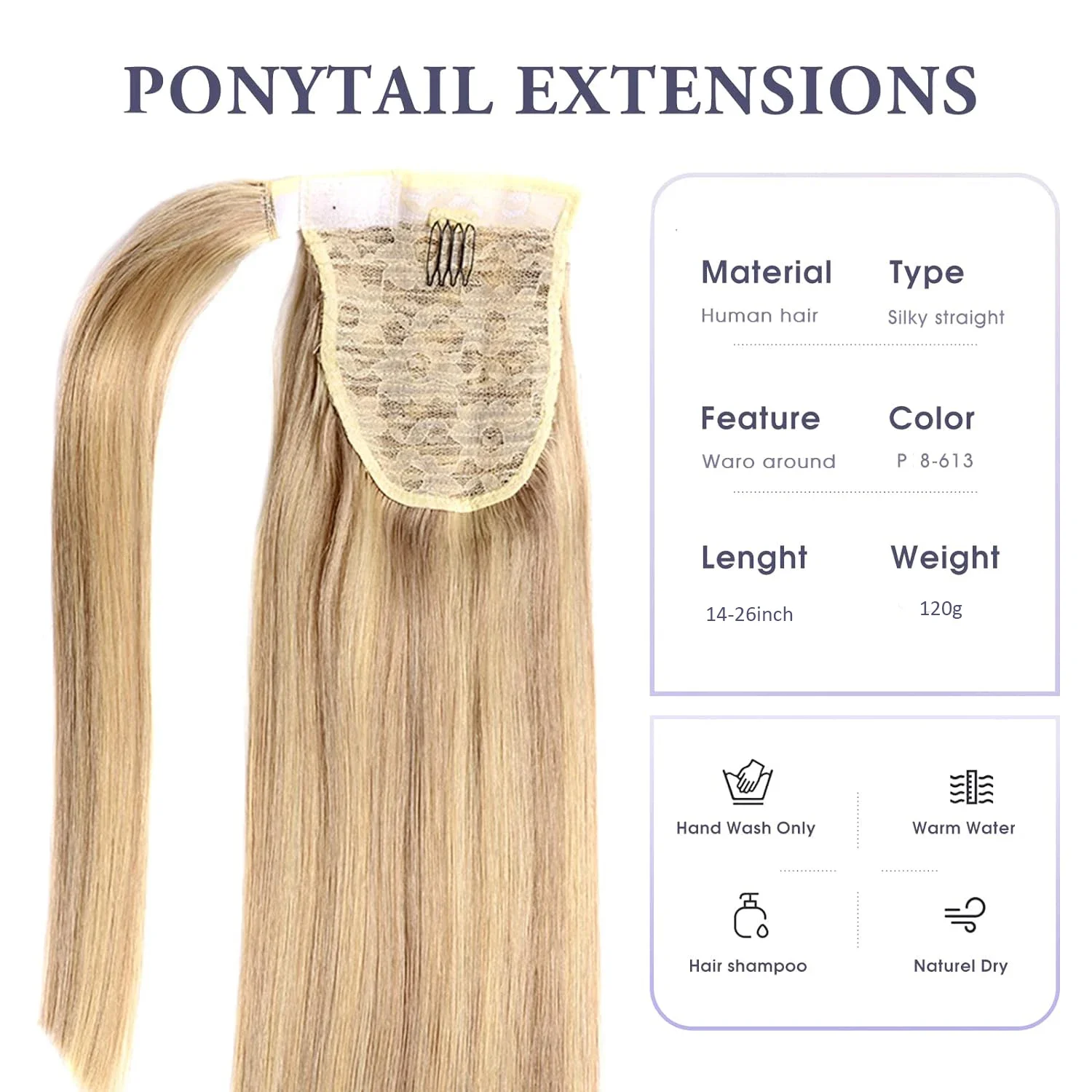 Straight Ponytail Human Hair Wrap Around 100% Remy Hair Extension Color #8/613 120g Thick Real Hair For Women 16-26Inch_voghion.com