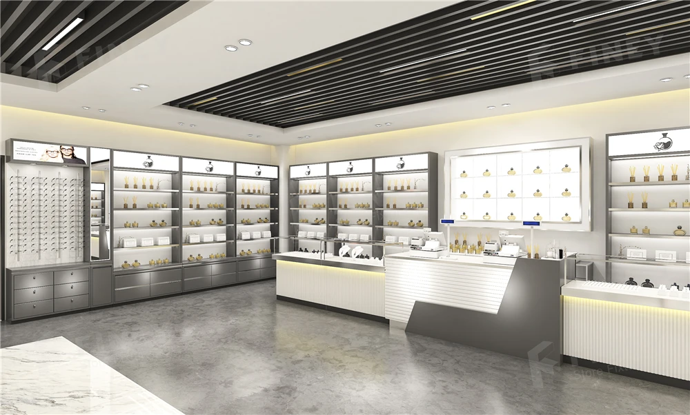 Customized Modern Perfume Kiosk Decoration Design Shop Interior Display Stand Wood Rack Perfume Display Counter