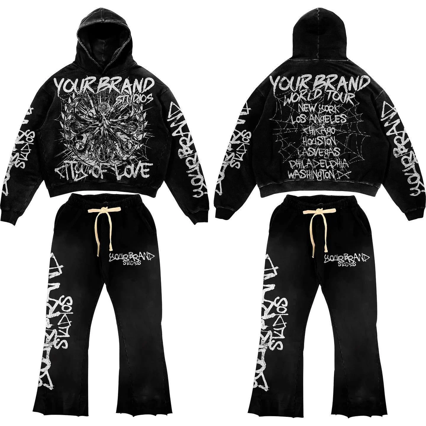 Custom Vintage Heavy Weight Acid Wash 100% Cotton Sweatsuit French Terry Dtg Print Sweatpants and Hoodie Set for Men gallery 4