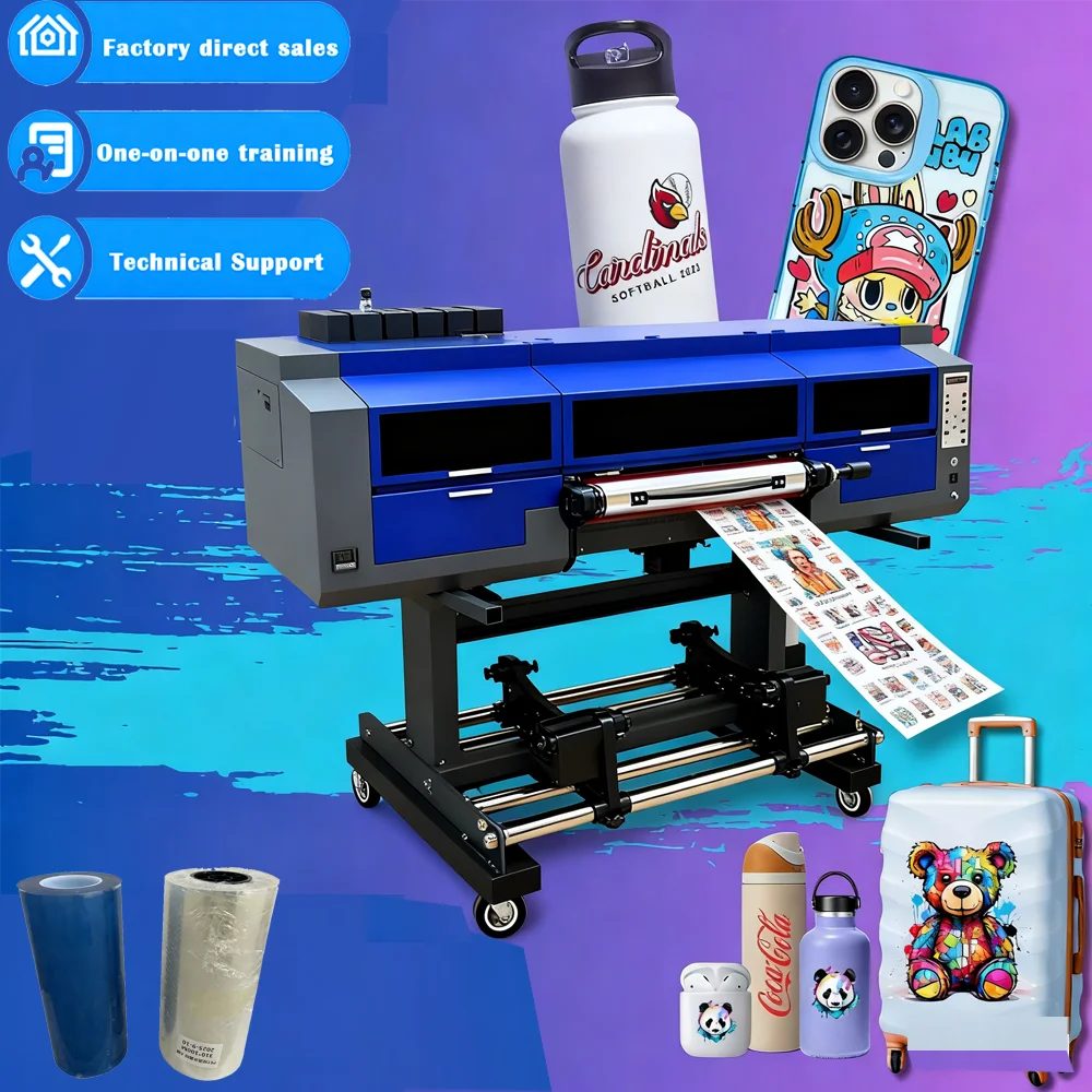 Lansong tezkor UV DTF printer Xp600 I3200u1 3/4 boshli, ko'p funksiyali laminator, aylanma banddan aylanma bantga 60 sm gacha bosib chiqarish, logotip, nishoncha uchun