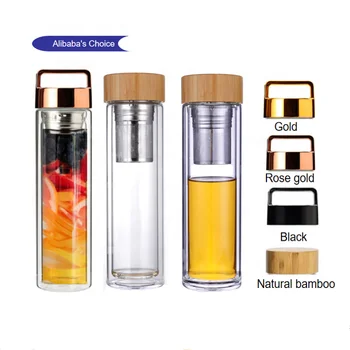 Hot Selling Double Wall Fruit Tea Infuser Glass Water Bottle Bamboo Lid Gym CLASSIC Drinking Cup