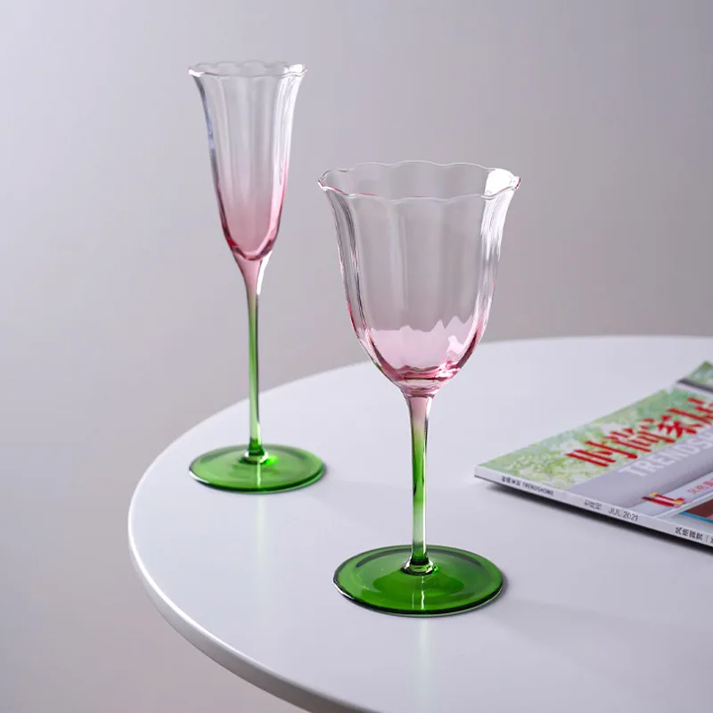 Vintage Floral Pink & Green Crystal Glass Goblet Home Cocktail Martini &  Flutes Champagnes Glasses