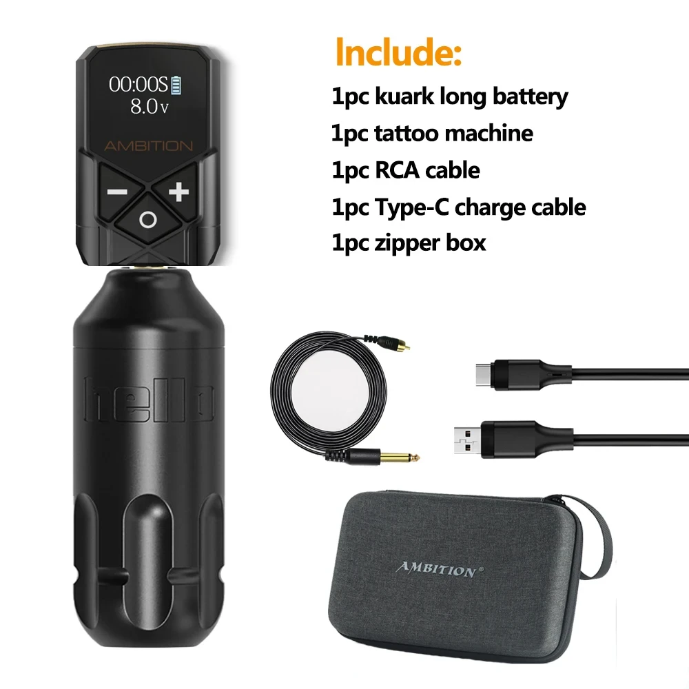 Ambition Hello Powerful Motor Professional Short Rotary Tattoo Pen Machine Kit with 2400mAh Kuark RCA Battery for Body Art